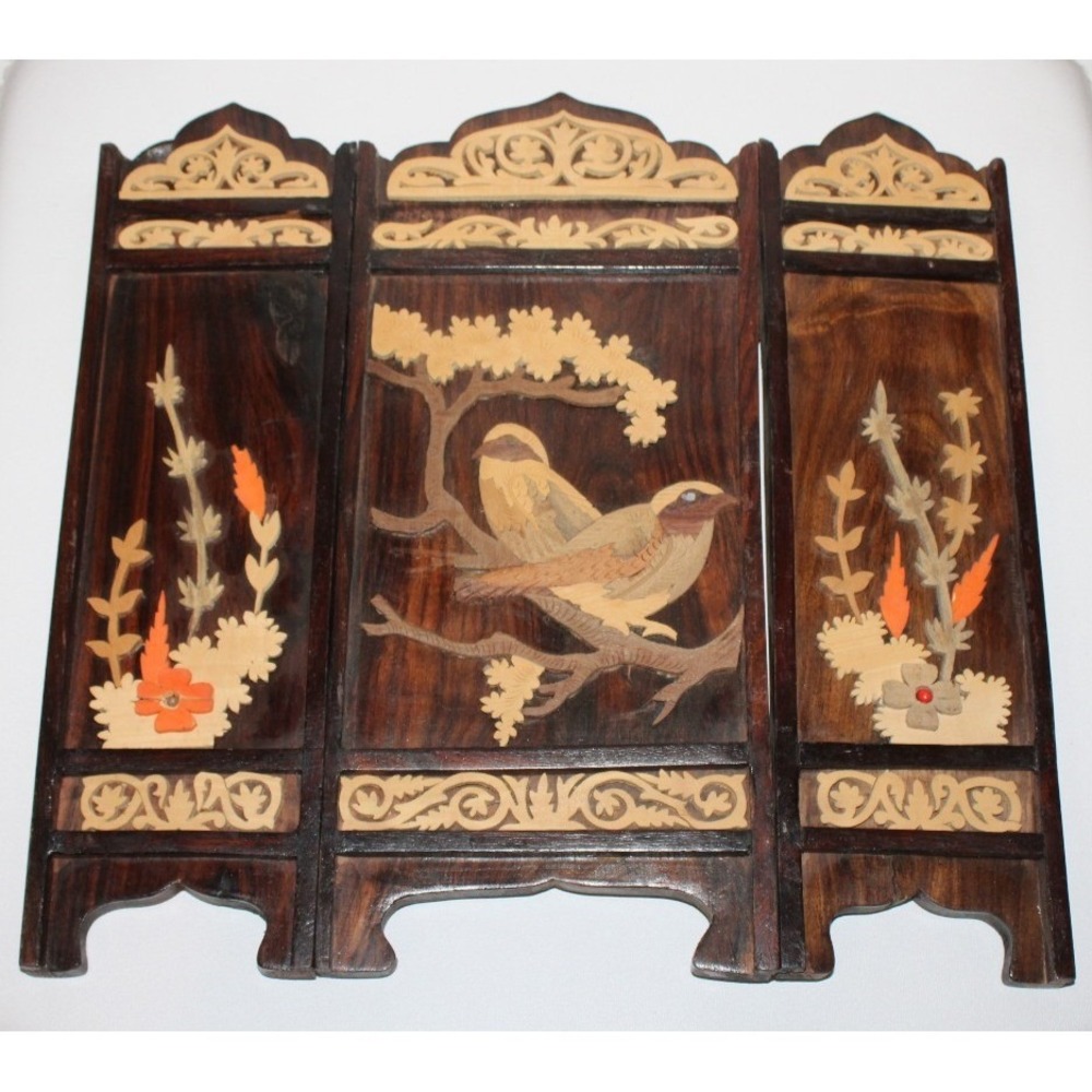 VTG 3-panel 12" miniature wood folding screen applied design birds flowers India